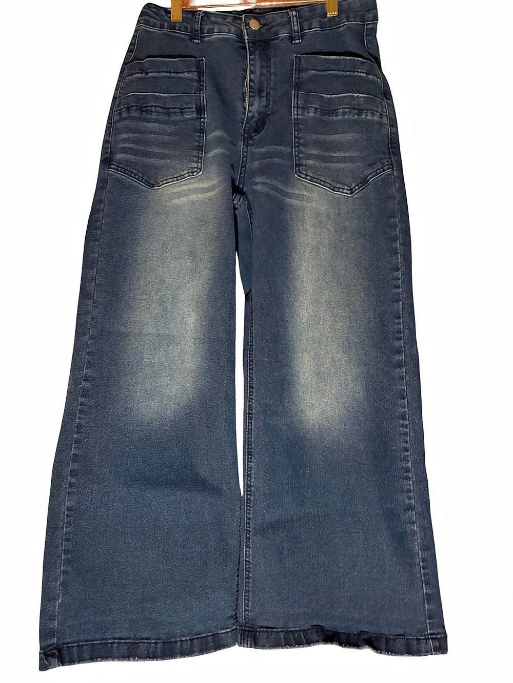 Women's Wide Leg Flare Jeans in Blue. Stretch. Size Large.